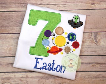Astronaut Alien Birthday Shirt, Space Party Embroidered Cotton Tee