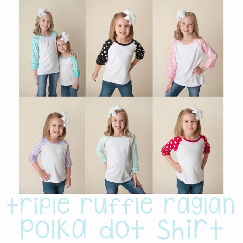 May include: Six children are wearing white long-sleeved shirts with different coloured polka dot raglan sleeves. The shirts have a white collar and a contrasting coloured band around the neck. The children are wearing blue jeans. The shirts are called "triple ruffle raglan polka dot shirt".