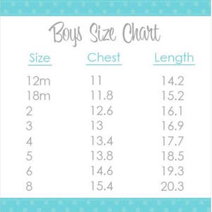 May include: Boys' size chart showing chest and length measurements in inches for sizes 12 months to 8.