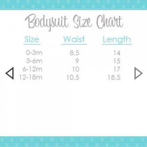 May include: A chart showing bodysuit sizes for babies, with measurements in inches for waist and length. The sizes are 0-3 months, 3-6 months, 6-12 months, and 12-18 months.