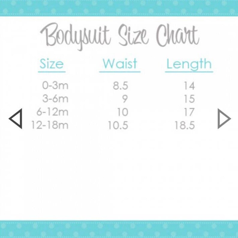 May include: A chart showing bodysuit sizes for babies, with measurements in inches for waist and length. The sizes are 0-3 months, 3-6 months, 6-12 months, and 12-18 months.