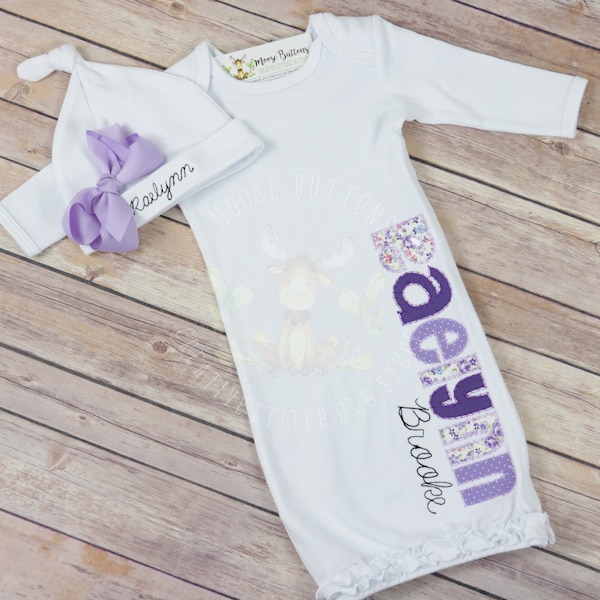 Traje de niña que regresa a casa, vestido de bebé para niñas, traje de niña recién nacida que regresa a casa, sombrero de niña con lazo, vestido de nombre Applique.