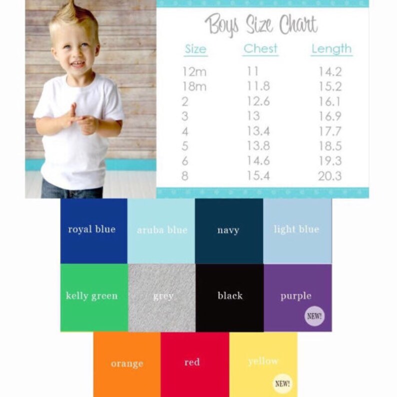 May include: Boys' size chart with measurements in inches for chest and length. The chart includes sizes from 12 months to size 8.  The chart is displayed on a blue background with white snowflakes.  Below the chart are color swatches for different t-shirt colors: royal blue, aruba blue, navy, light blue, kelly green, grey, black, purple, orange, red, and yellow.