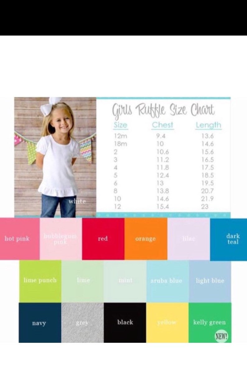 Może przedstawiać: Biała koszulka z kr&oacute;tkim rękawem i falbankami oraz tabela rozmiar&oacute;w Girls Ruffle Size Chart z wymiarami w cm dla rozmiar&oacute;w od 12m do 12. Poniżej znajdują się pr&oacute;bki kolor&oacute;w: r&oacute;żowy, jasnor&oacute;żowy, czerwony, pomarańczowy, liliowy, ciemny turkus, limonkowy, miętowy, niebieski aruba, jasnoniebieski, granatowy, szary, czarny, ż&oacute;łty i zielony kelly.