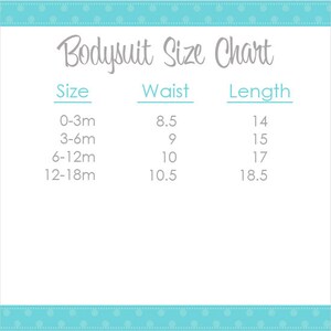 Pu&ograve; includere: Una tabella delle taglie per body su sfondo bianco con bordi a pois azzurri. La tabella elenca le taglie 0-3m, 3-6m, 6-12m e 12-18m con le relative misure di vita e lunghezza in pollici, presentate in un formato chiaro.