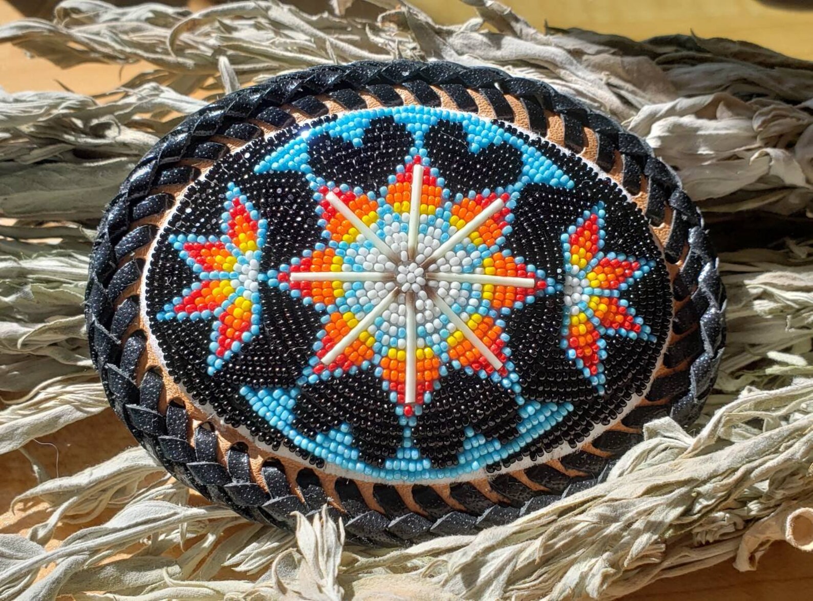 Beaded belt buckles by Leonard Good Bear Etsy