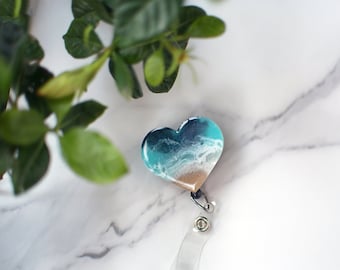 Heart Ocean Resin Badge Reel: Handmade Beach Lover Gift