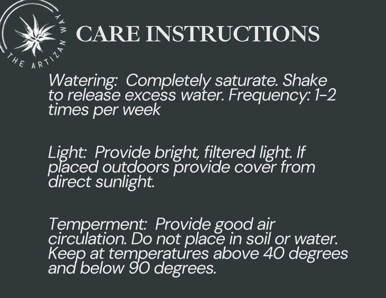 May include: A dark gray informational graphic titled CARE INSTRUCTIONS by The Artizan Way. It lists watering instructions, light requirements, and temperament details, including temperature ranges between 40 and 90 degrees Fahrenheit.