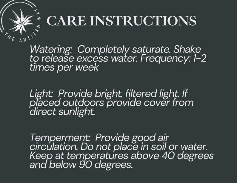 May include: A dark gray informational graphic titled CARE INSTRUCTIONS by The Artizan Way. It lists watering instructions, light requirements, and temperament details, including temperature ranges between 40 and 90 degrees Fahrenheit.