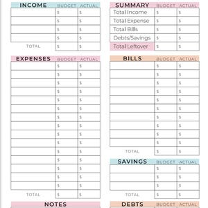 May include: A printable monthly budget planner with sections for income, expenses, bills, savings, debts, and notes. The planner has a light pink and blue color scheme.