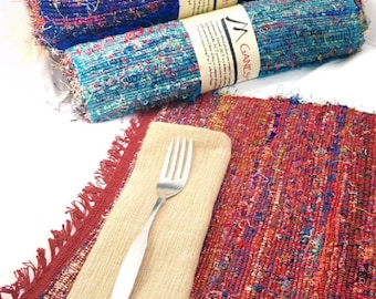 Recycled Silk Sari Place Mats, Set of 2 | Fair Trade | Hand Woven | Red | Green | Tan | Blue | Turquoise | Green | Nepal |