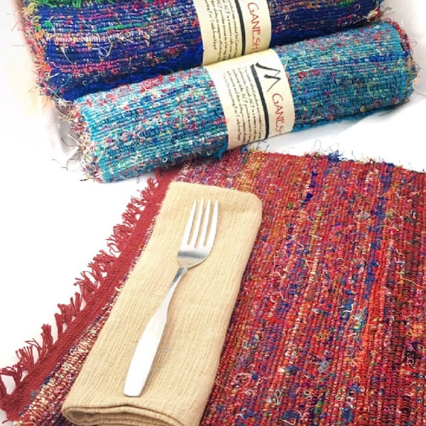 Recycled Silk Sari Place Mats, Set of 2 | Fair Trade | Hand Woven | Red | Green | Tan | Blue | Turquoise | Green | Nepal |