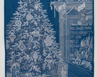 White and Silver Embroidered Christmas Scene on Blue