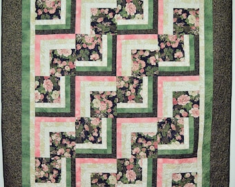 Oriental Floral, Black and Pink Log Cabin Variation Quilt
