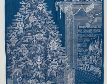 White and Silver Embroidered Christmas Scene on Blue