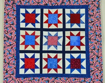 Patriotic Stars and Flags, Blue and Red Table Square Quilt