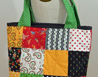 Christmas Charm Square Bag, Green Handles, Quilted