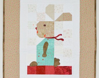 Brown Baby Bunny Teal and Red Wall Hanging Quilt
