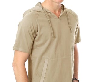 Moletom Henley com capuz tingido com pigmento: camisa raglan de manga curta e gola V