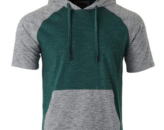 Moletom com capuz masculino de manga curta raglan: camiseta semi longa de mistura de algodão