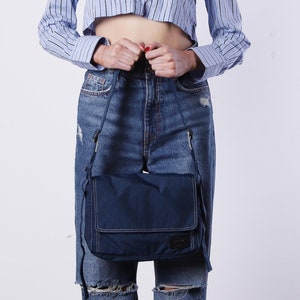 Navy Nylon Crossbody Messenger Bag: Travel Satchel with Adjustable Strap