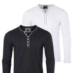 May include: Two long-sleeved Henley shirts. One is charcoal gray, the other is white. Both shirts have a button-up placket and white trim around the collar and cuffs. The shirts are made of a soft, comfortable material.