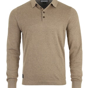 May include: A long-sleeved, light brown polo shirt with a button-up collar and a Zimego brand label.