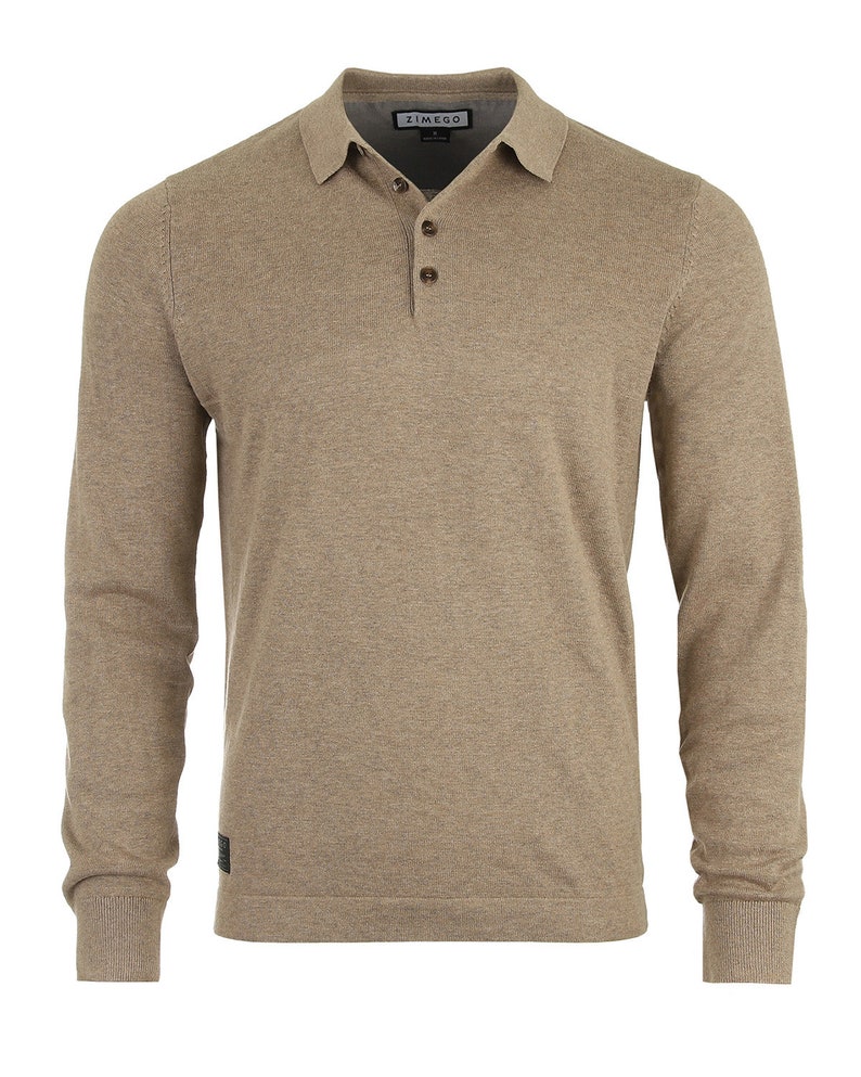 May include: A long-sleeved, light brown polo shirt with a button-up collar and a Zimego brand label.