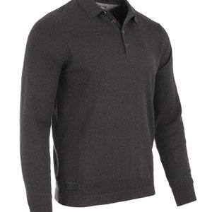 May include: A charcoal gray long-sleeved polo shirt with a button-up collar and a small logo patch on the bottom left side.
