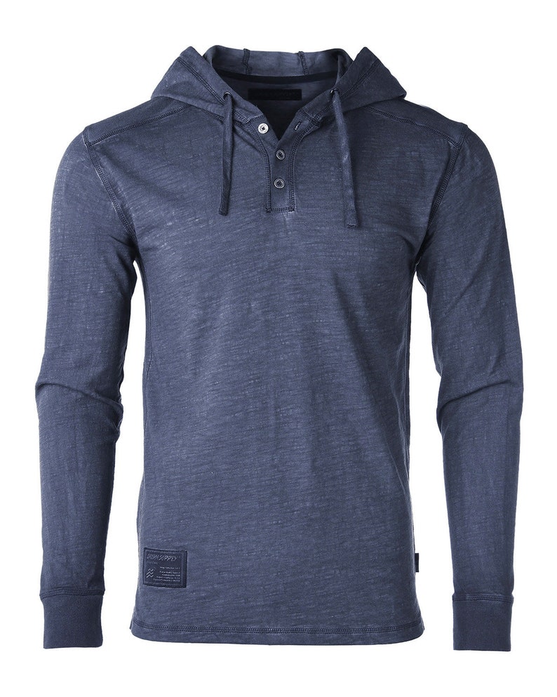 May include: A dark blue long-sleeved hooded shirt with a button-up placket and a drawstring hood.