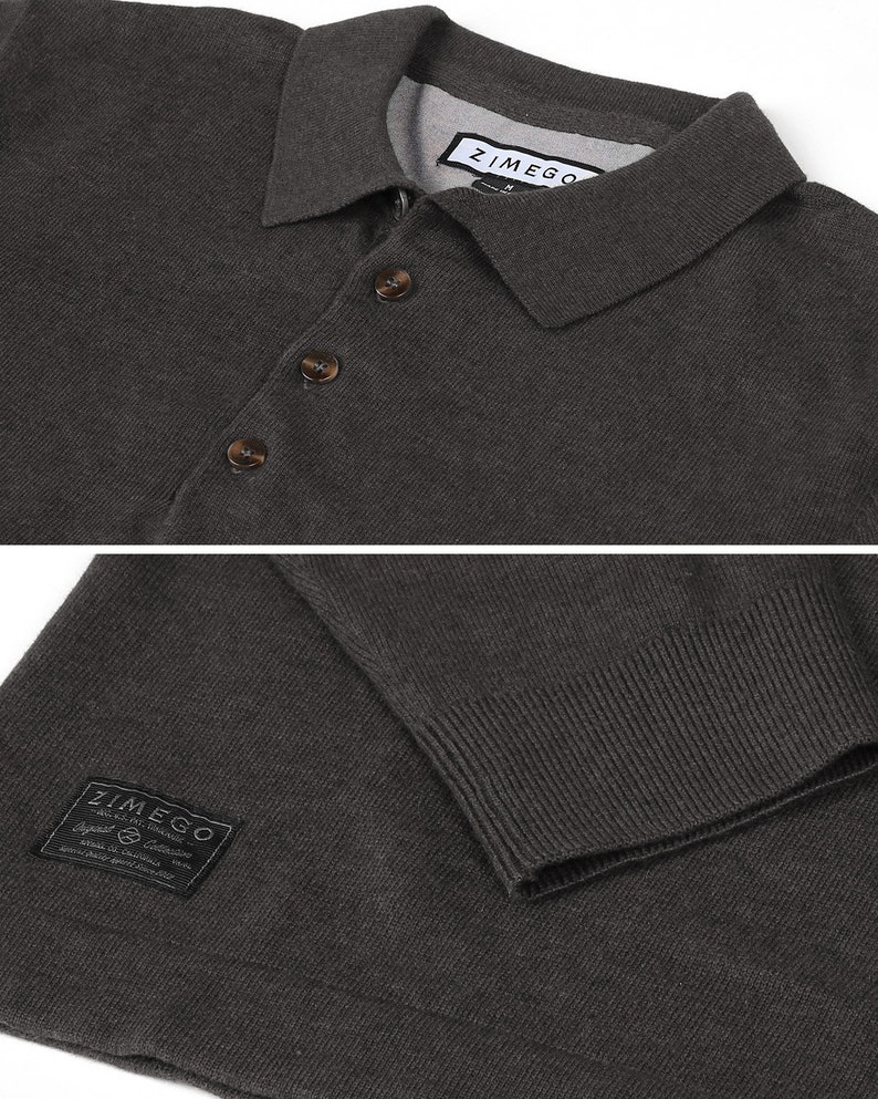 May include: A dark gray knitted polo shirt with a button-up collar and short sleeves. The shirt has a small black patch with the text "ZIMMER" on the left side of the chest.