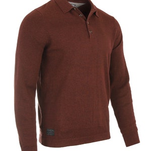 May include: A long-sleeved, brown knitted polo shirt with a button-up collar and a small patch label on the bottom left side that reads "LIMEGO".