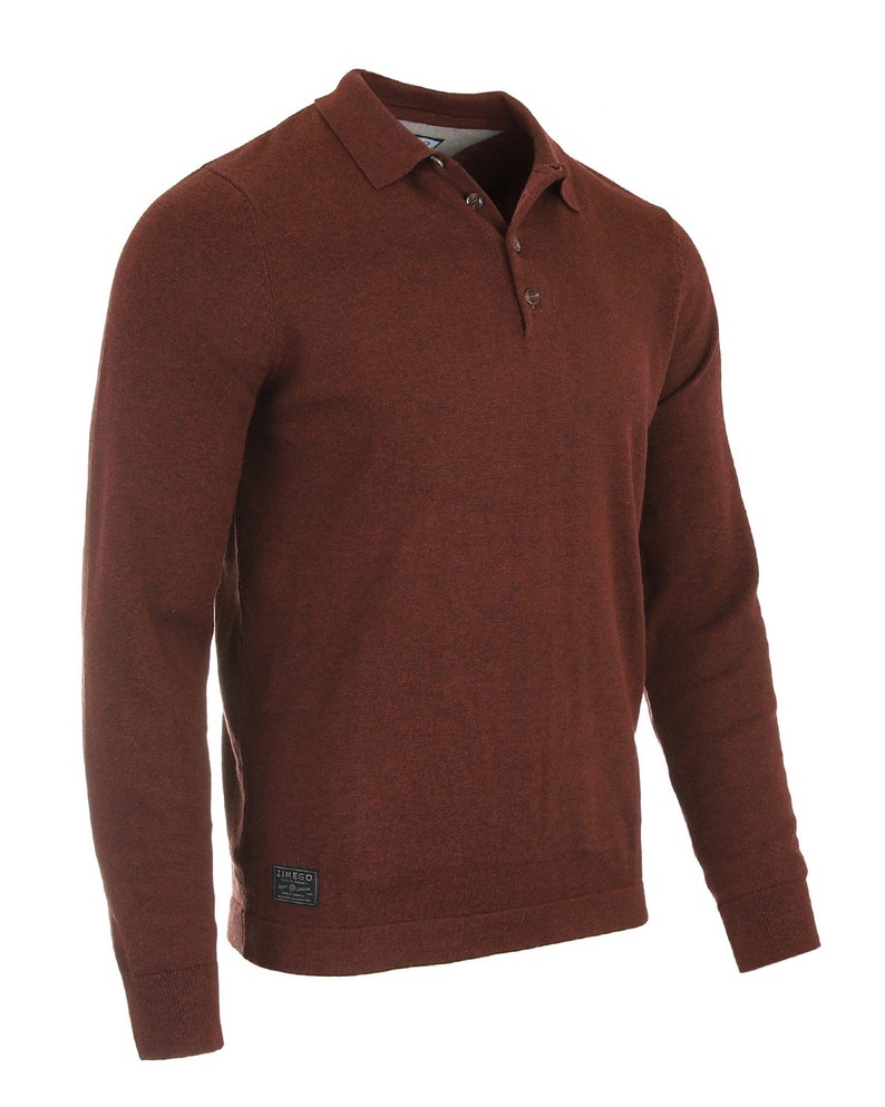 May include: A long-sleeved, brown knitted polo shirt with a button-up collar and a small patch label on the bottom left side that reads "LIMEGO".