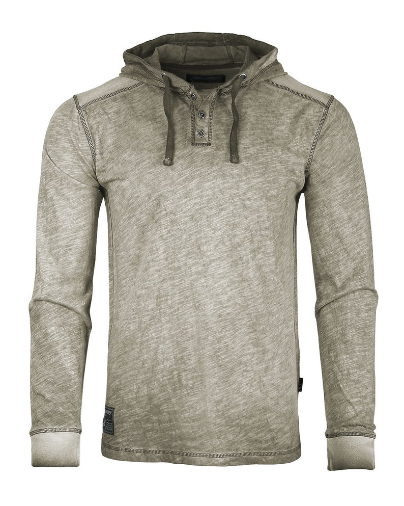 May include: A long-sleeved hooded shirt with a button-up placket and a drawstring hood. The shirt is a light green color with a distressed, faded look.