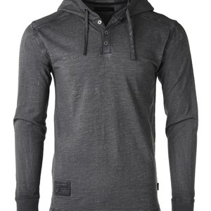 May include: A charcoal gray long-sleeve hooded shirt with a button-up placket and a small black label with the text "SUPERSPRO" on the bottom left side.