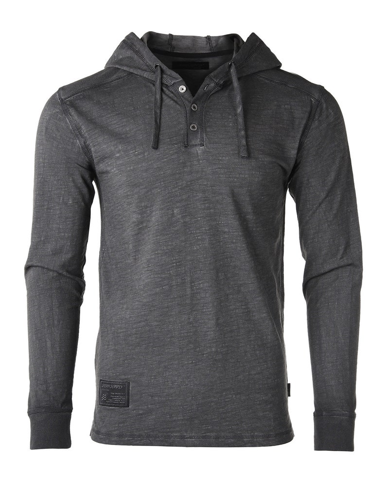 May include: A charcoal gray long-sleeve hooded shirt with a button-up placket and a small black label with the text "SUPERSPRO" on the bottom left side.