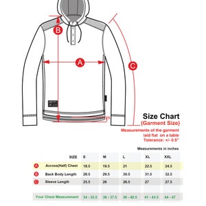 May include: Size chart for a hooded sweatshirt with measurements in inches for sizes S, M, L, XL, and XXL. The chart includes measurements for across half chest, back body length, and sleeve length. The chart also includes a section for your chest measurement.