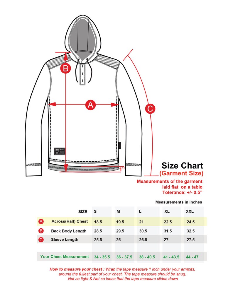 May include: Size chart for a hooded sweatshirt with measurements in inches for sizes S, M, L, XL, and XXL. The chart includes measurements for across half chest, back body length, and sleeve length. The chart also includes a section for your chest measurement.