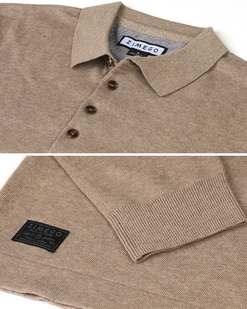 May include: A beige knitted polo shirt with a button-up collar and a brown button closure. The shirt has a ZIMEGO label on the collar and a ZIMEGO patch on the sleeve.