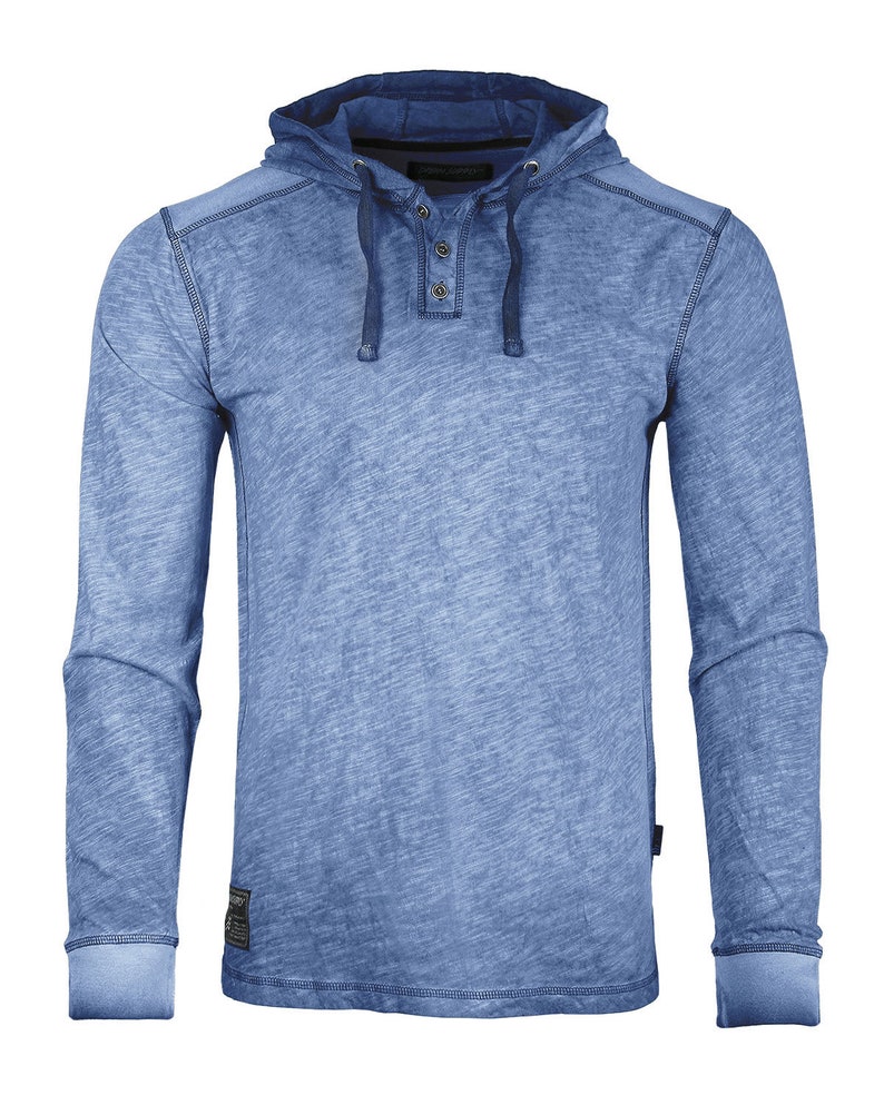 May include: A light blue long-sleeved hooded shirt with a button-up placket and a drawstring hood.