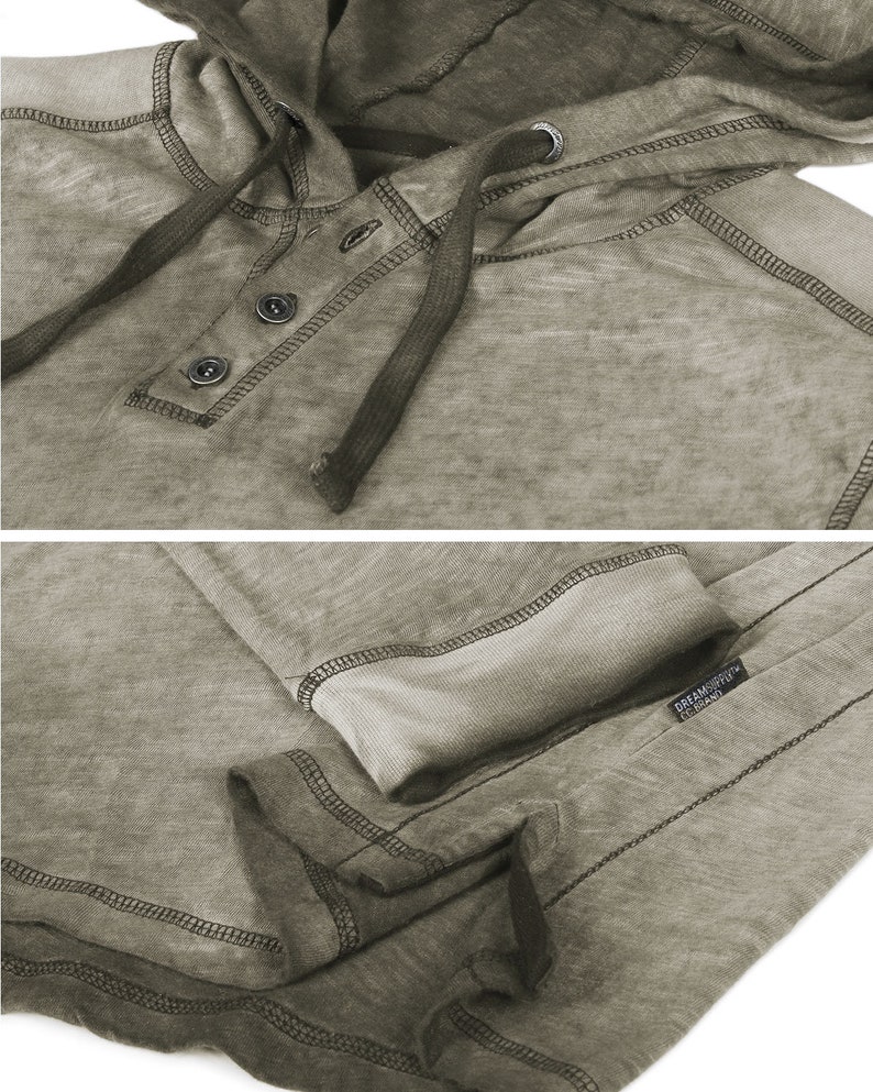May include: A light brown hooded sweatshirt with a button-up front and a drawstring hood. The sweatshirt has a distressed look and a tag that reads "DREAMSPORT" in black text.