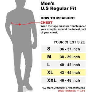 May include: A diagram showing how to measure chest size for men's clothing. The diagram shows a man standing with a tape measure around his chest. The text explains to measure 1 inch under the armpits, around the fullest part of the chest. A chart shows the corresponding chest size in inches for each size: S (36-37 inches), M (38-39 inches), L (40-42 inches), XL (43-45 inches), and XXL (46-48 inches). The text at the bottom states that all measurements are in inches and the size tolerance is +/- 0.5 inches.