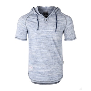 Zimego Short Sleeve Raglan Henley Hoodie Round Bottom Semi Longline T-Shirt