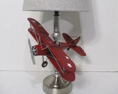 Biplane Lamp Nursery Travel Airplane Lamp shade Aviation Silver Vintage Stars Red plane flight Airport Wings Pilot Hand Painted Silver