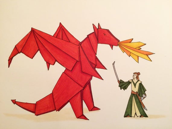 Origami Samurai Und Drachen Illustration
