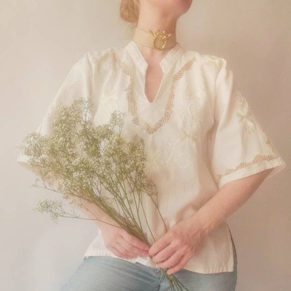 Vintage 70s Embroidered Cheesecloth Shirt with Cro