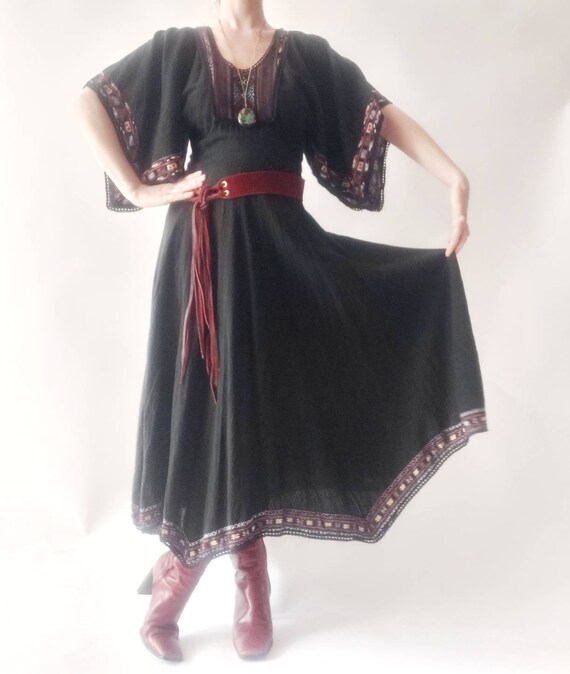 Vintage 70s Black Cheesecloth Dress with Patchwork