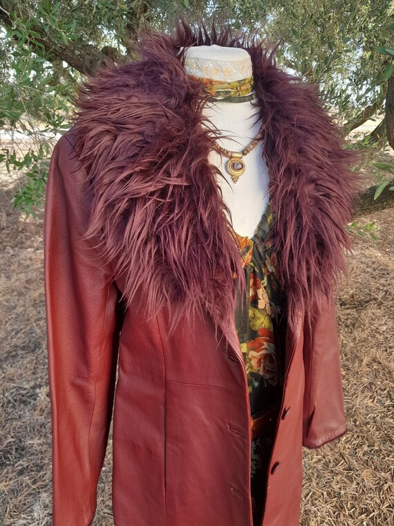 Vintage 90s does 70s Cherry Red Leather and Fur Coat