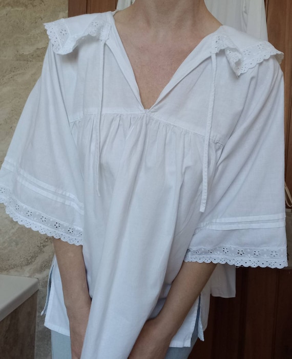 Vintage 70s White Cotton Blouse ~ Made in Italy