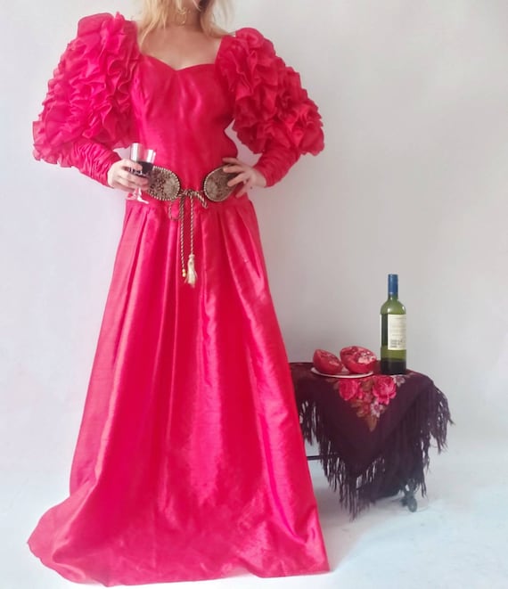 Vintage 80s Maxi Dress with Ruffled Balloon Sleeve